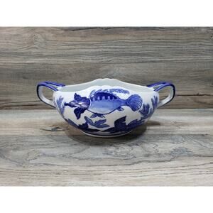 Chinese Blue Koi Cord Fish Serving Bowl With Handles Vintage